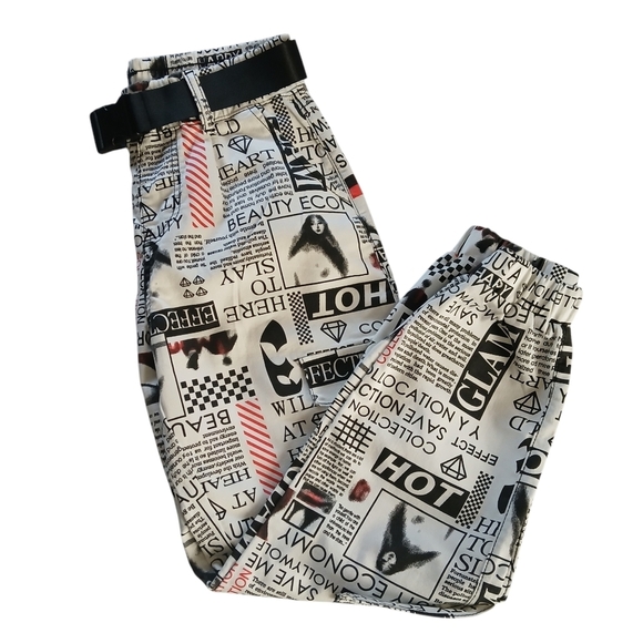 V.I.P. Joggers Canvas Pants Bold Graphic Print Belt Pockets Elastic Waist - Picture 3 of 14